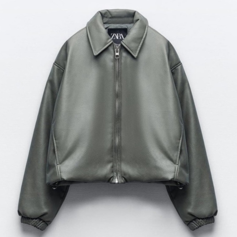 NWT. Zara Green Faux Leather Bomber Jacket. Size M